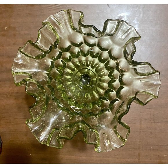 VTG Fenton Art Glass Colonial Green Thumbprint  Pedestal Compote Ruffled/Crimped - Picture 7 of 7